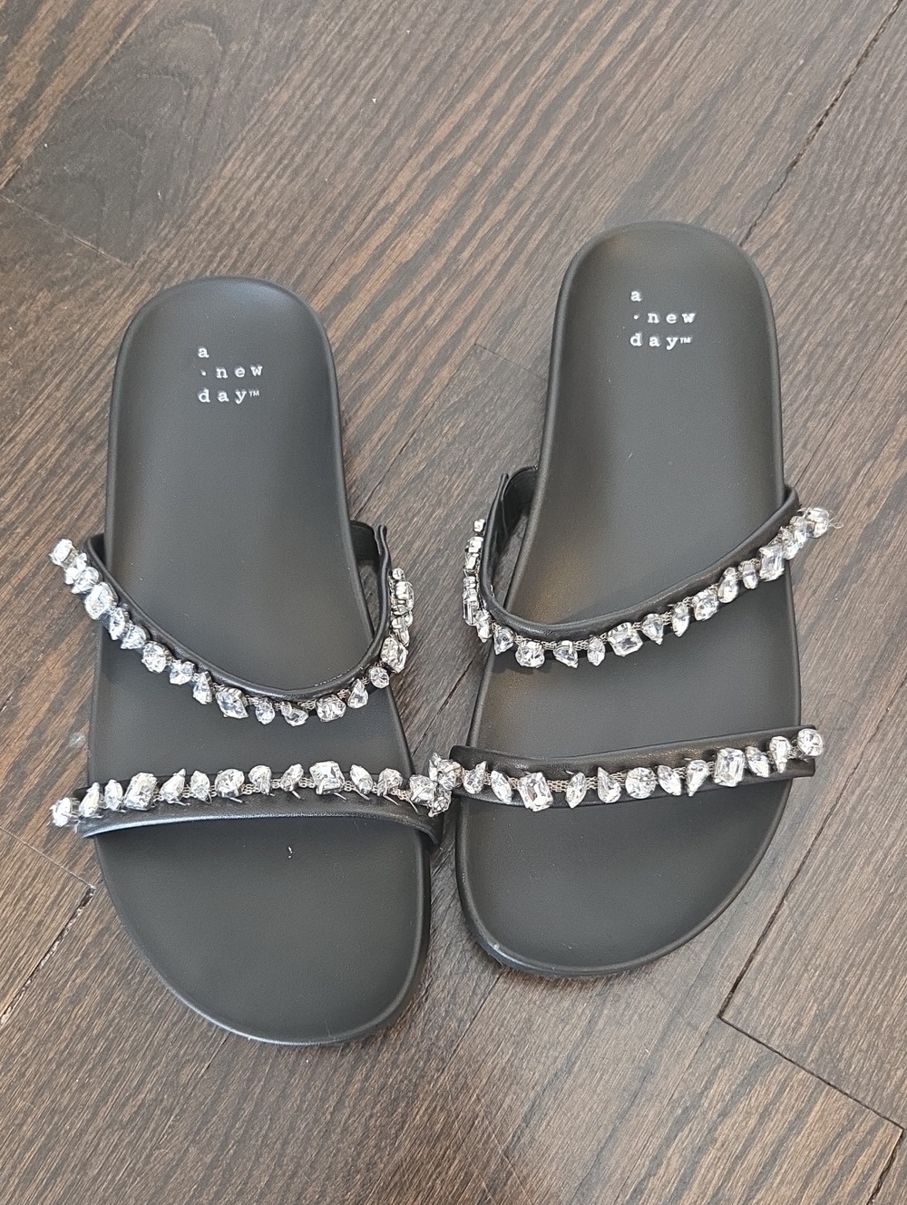 a new day Black Jeweled Double-Strap Slide Sandals